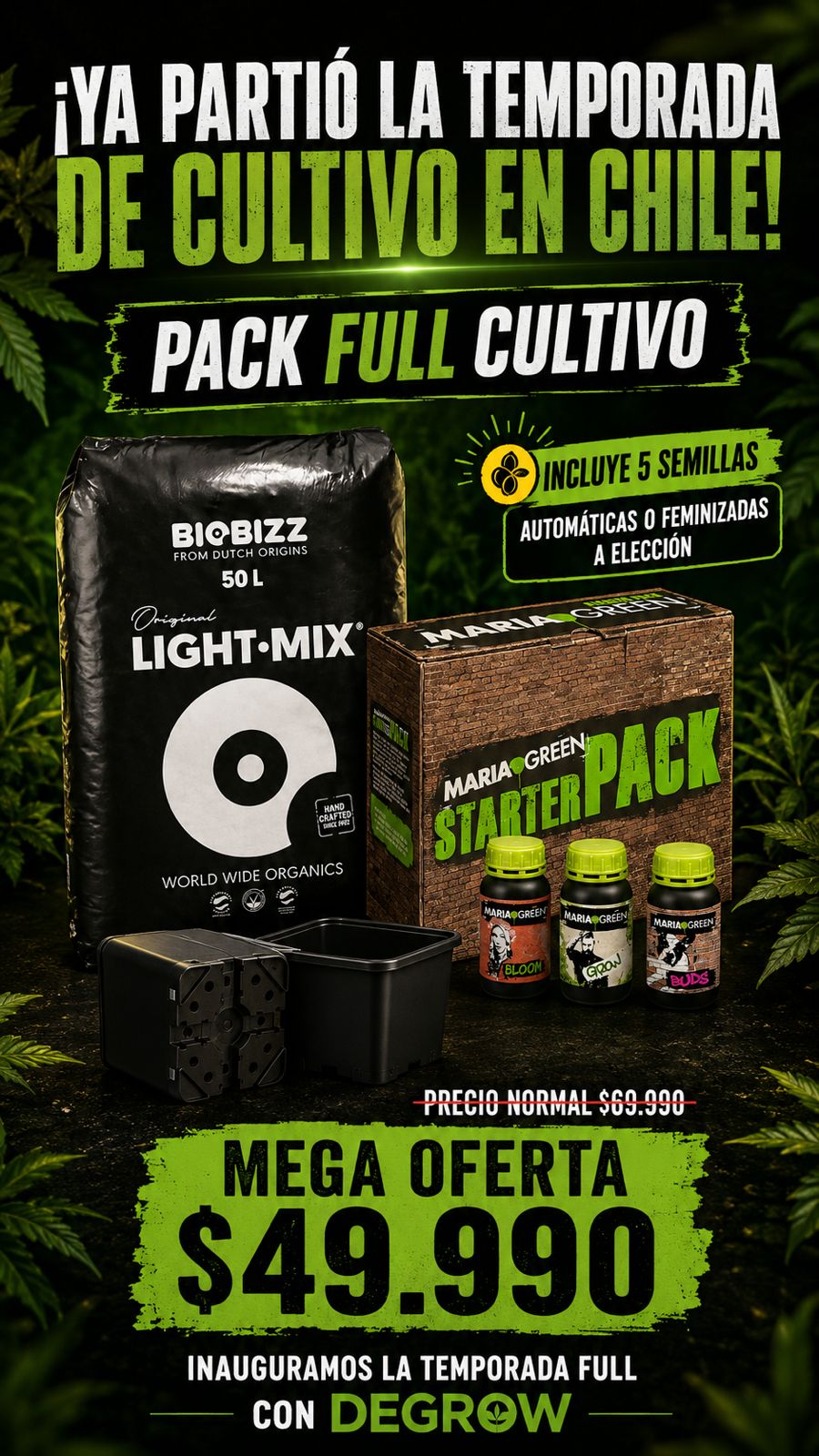 Pack Full Cultivo Degrow: Biobizz Light Mix 50L, Starter Pack Maria Green, 5 macetas 11L y 5 semillas a elección — mega oferta de temporada