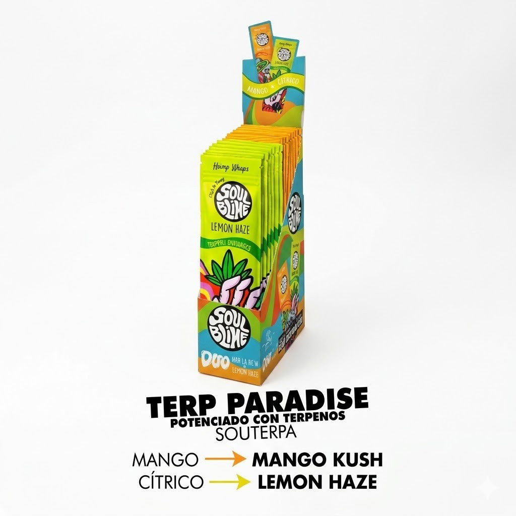 Blunt Hemp Wraps Mango Kush - Soulblime — el display de la línea Terp Paradise con los dos sabores
