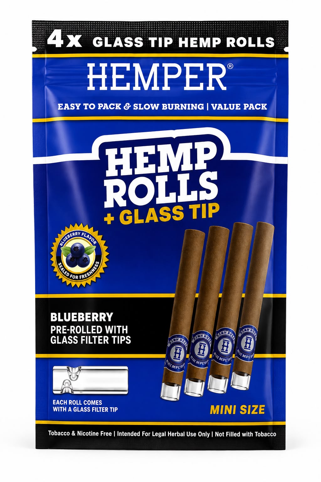 Envase de 4 Hemp Rolls sabor Blueberry Mini Size con boquilla de vidrio