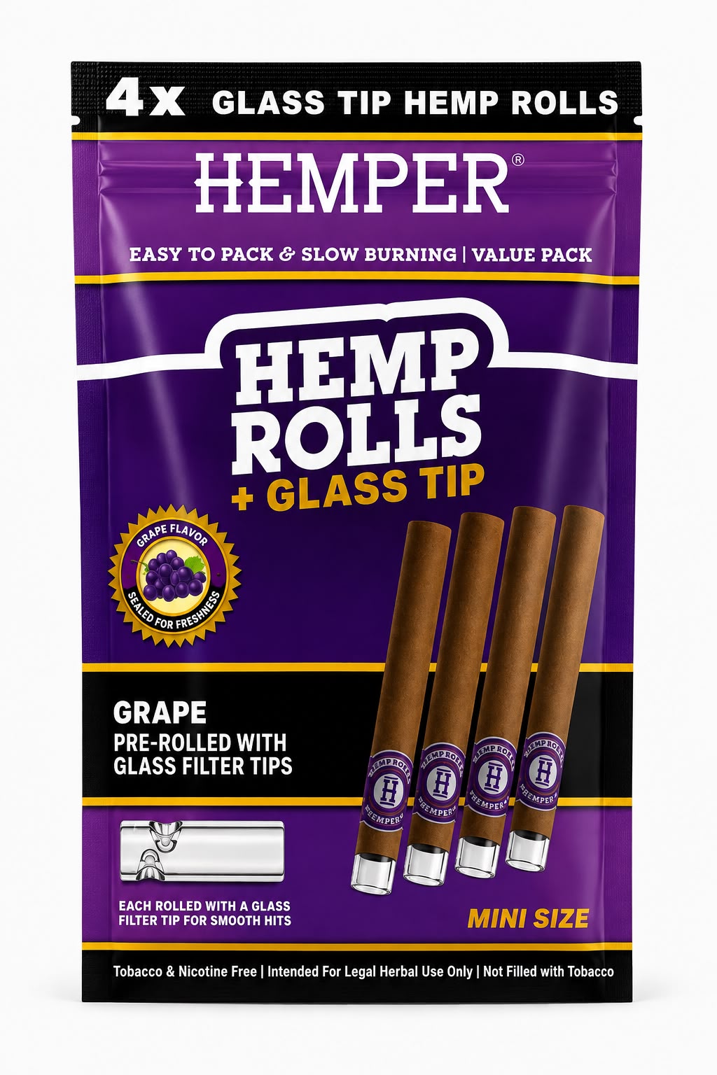 Envase de 4 Hemp Rolls sabor Grape Mini Size con boquilla de vidrio