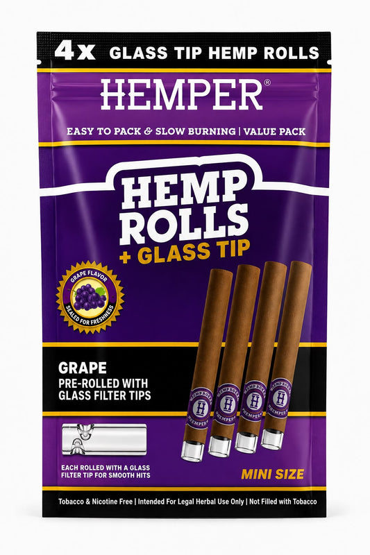 Envase de 4 Hemp Rolls sabor Grape Mini Size con boquilla de vidrio