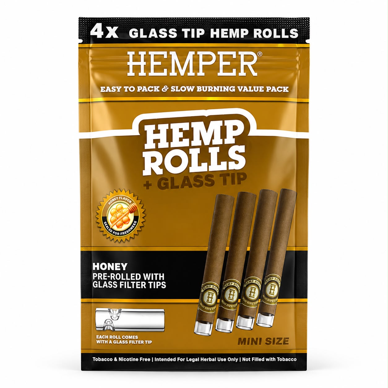 Envase de 4 Hemp Rolls sabor Honey Mini Size con boquilla de vidrio