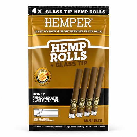 Envase de 4 Hemp Rolls sabor Honey Mini Size con boquilla de vidrio