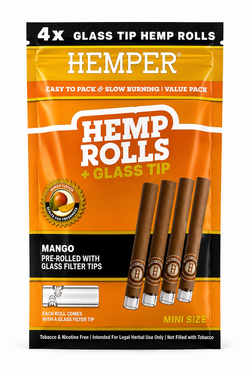 Envase de 4 Hemp Rolls sabor Mango Mini Size con boquilla de vidrio