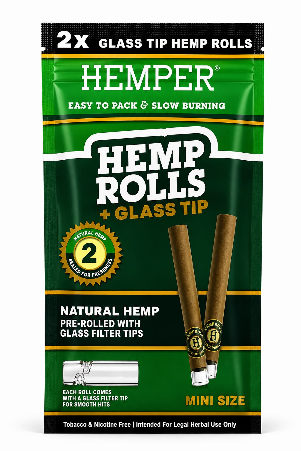 Envase de 2 Hemp Rolls Natural Mini Size con boquilla de vidrio