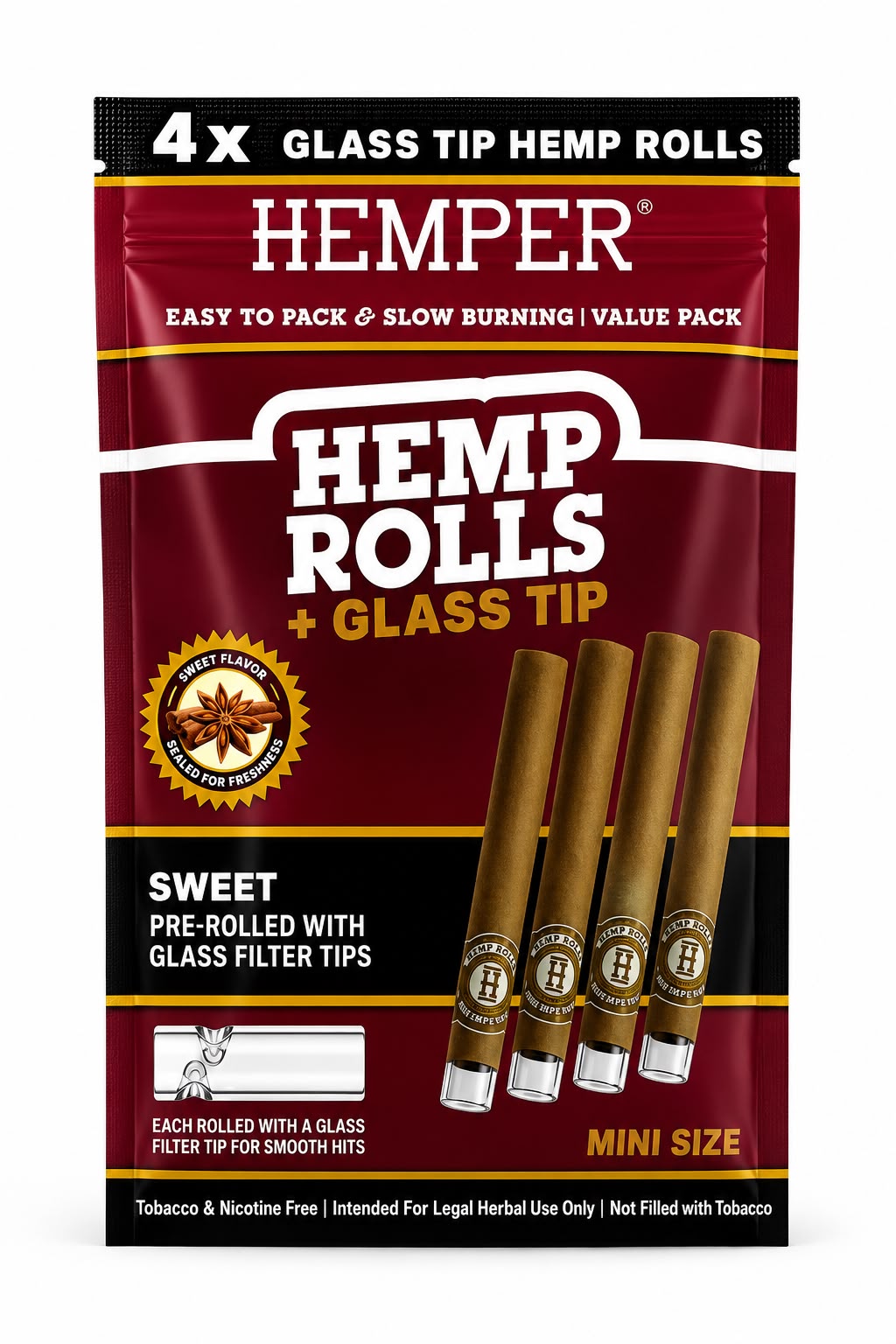 Envase de 4 Hemp Rolls sabor Sweet Mini Size con boquilla de vidrio